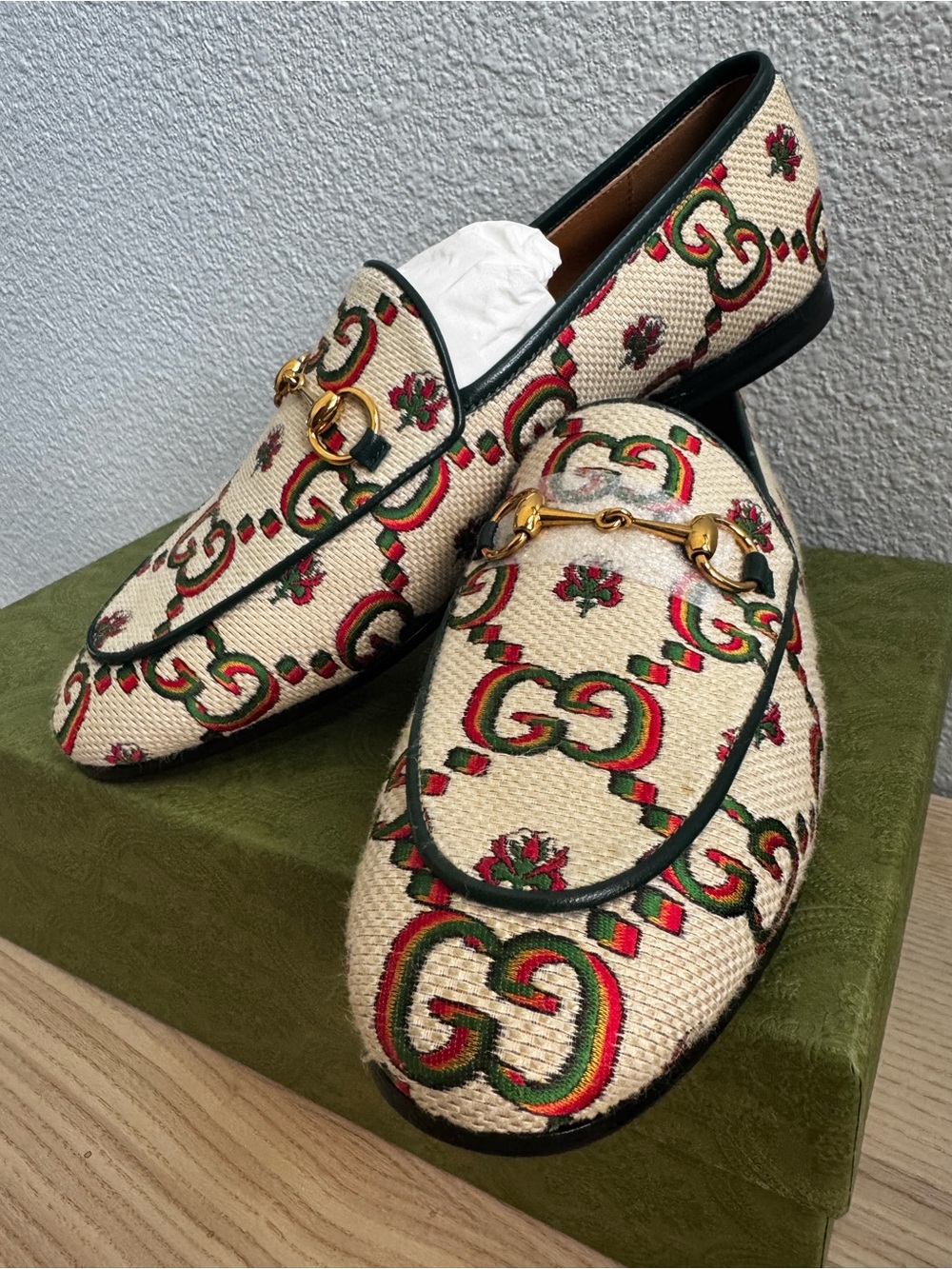 Gucci 100th Anniversary GG Floral Jacquard Horsebit Loafers 38.5